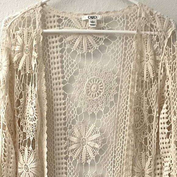 CATO FLORAL CROCHET LACE FRINGE BOHO OPEN FRONT CARDIGAN - Picture 3 of 16